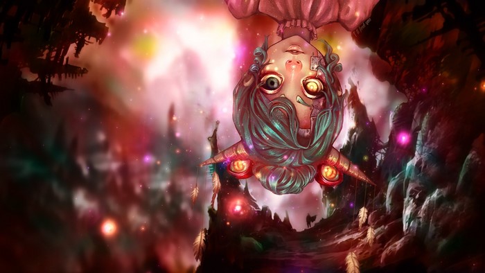 Upside down anime girl with horns in fantasy landscape