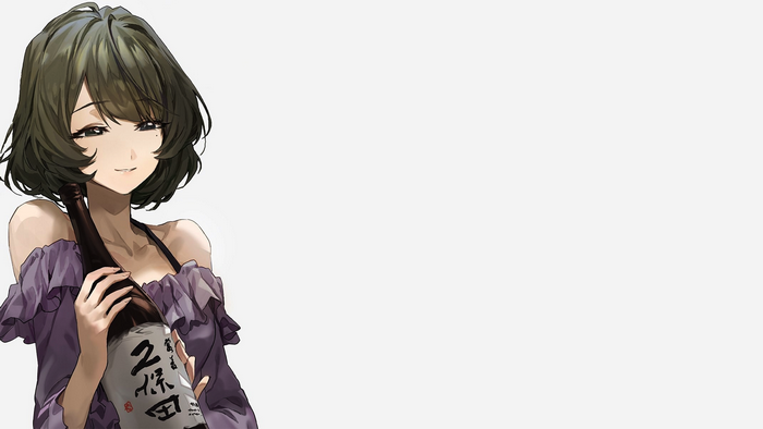 Anime girl with short hair holding a sake bottle