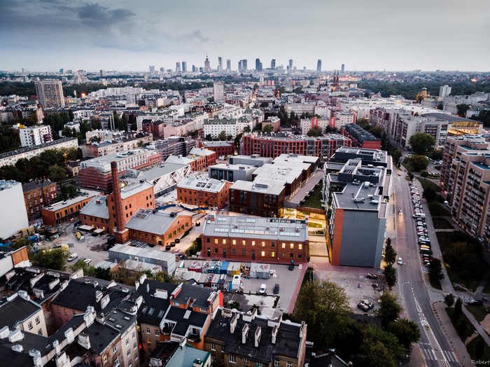 Warsaw skyline and cityscape with old brick buildings