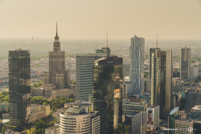 Warsaw skyline with skyscrapers and Palace of Culture and Science