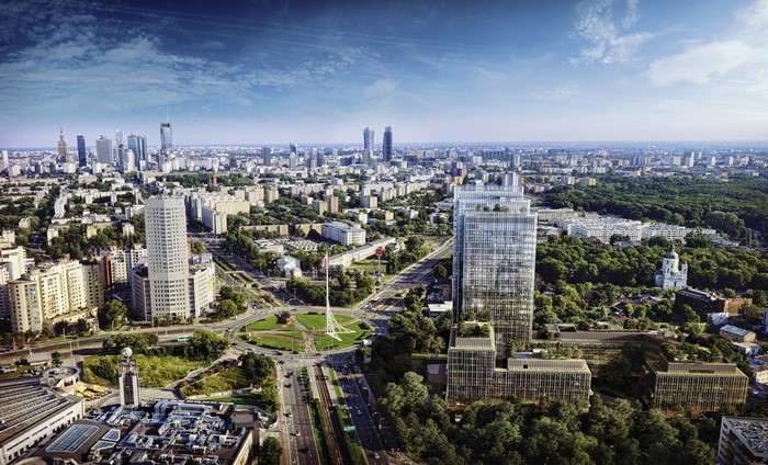 Warsaw skyline with modern skyscrapers and green spaces
