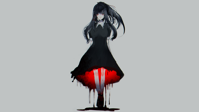 Anime girl in black dress with red blood