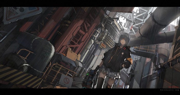 Anime girl in a sci-fi industrial setting