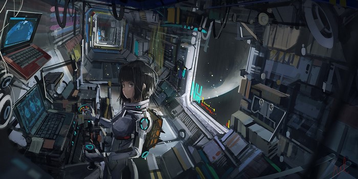 Anime girl in a spaceship cockpit with laptops and view of space