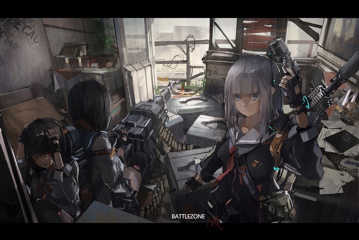 Anime girls with guns in a destroyed building