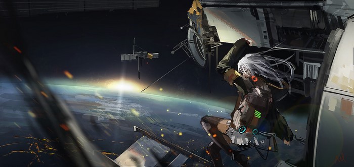 Anime girl in space with Earth and satellites