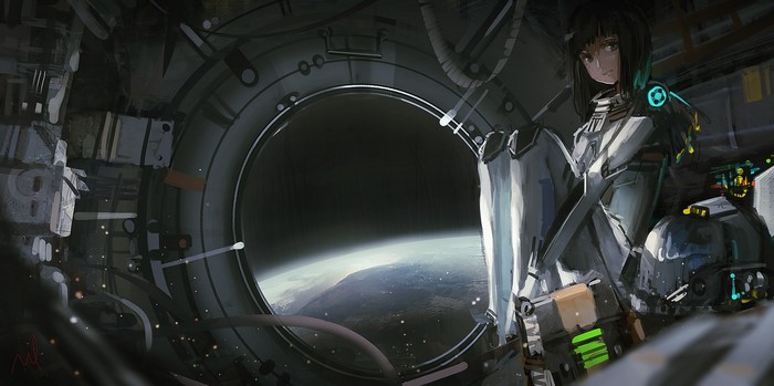 Anime girl in a spaceship looking at Earth