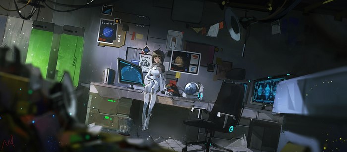 Anime girl in sci-fi suit in a futuristic lab
