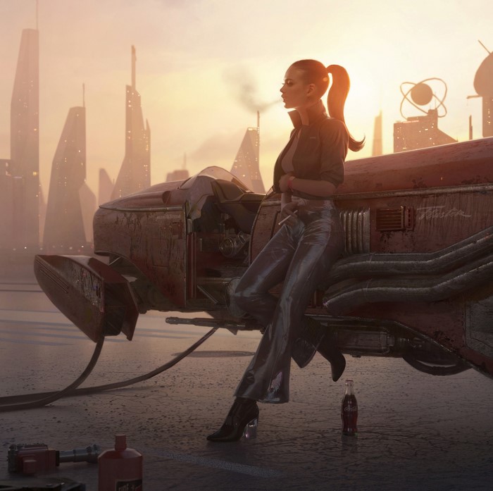 Woman smoking next to a futuristic vehicle with Coca-Cola
