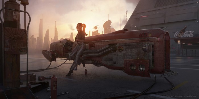 Woman with ponytail and futuristic vehicle at Coca-Cola station
