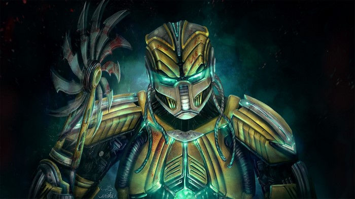 Cyrax from Mortal Kombat holding a weapon