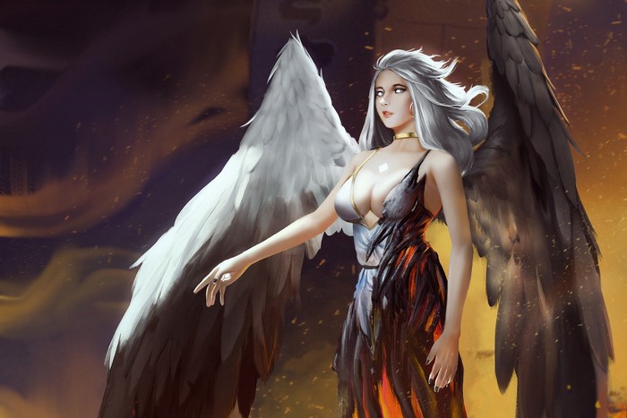 Fantasy angel with white and black wings