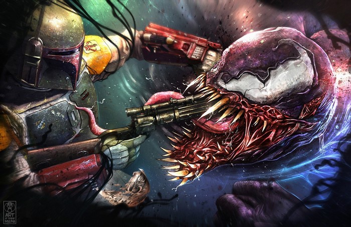 Boba Fett from Star Wars fighting Venom