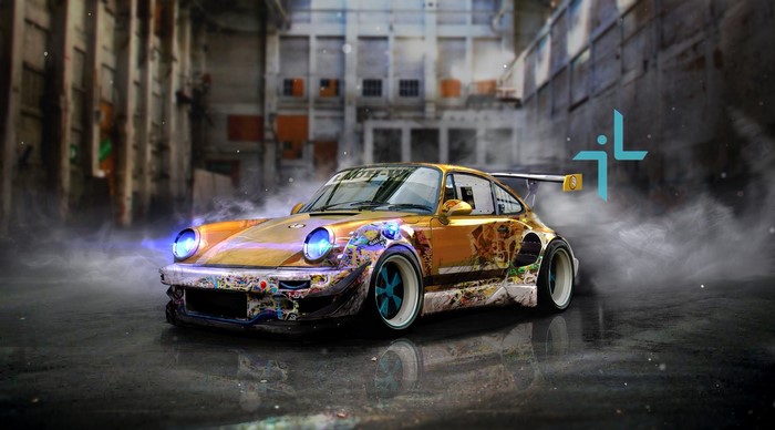 Golden Porsche 911 with stickers in an alley