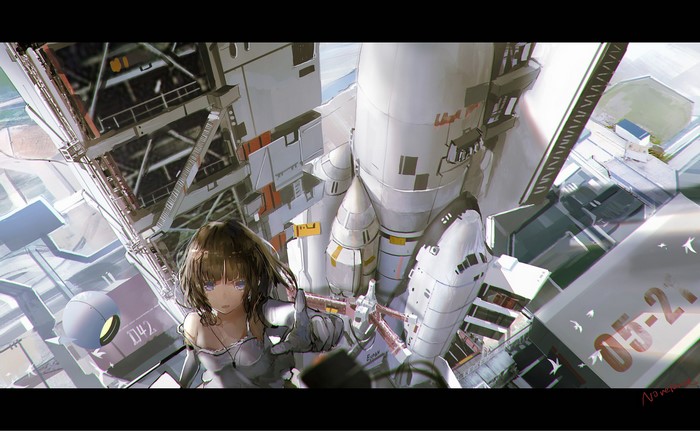 Anime girl on a rocket launchpad