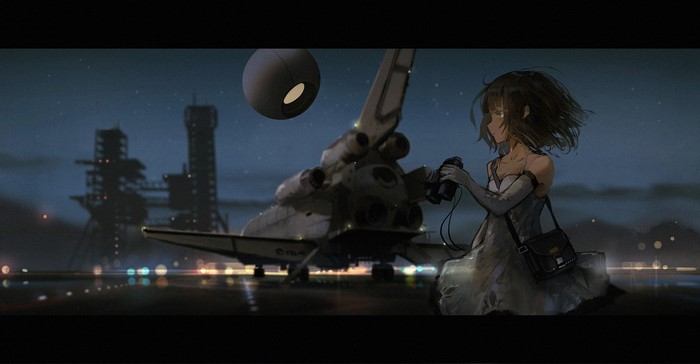 Anime girl with camera at spaceport with shuttle