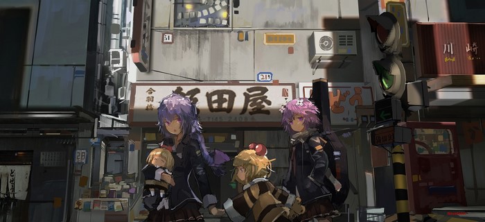 Anime girls in a Japanese city street
