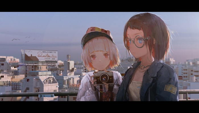 Anime girls with camera on rooftop overlooking city