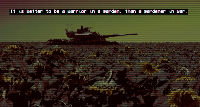 Tank in a sunflower field with a quote