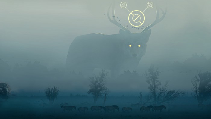 Giant wolf with antlers in mist with horses