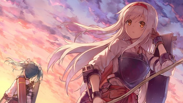 Two girls with bows from Kantai Collection at sunset