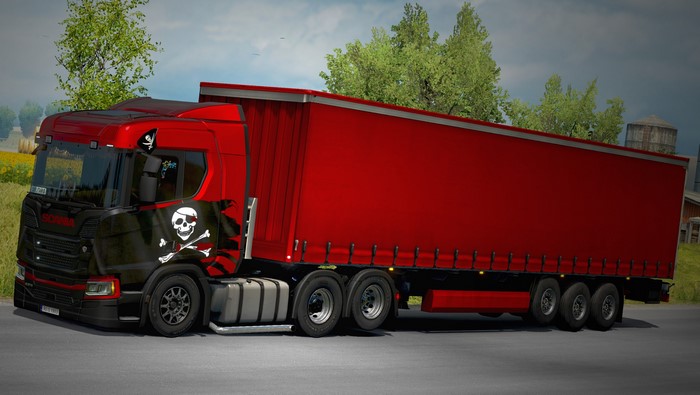 Scania truck with pirate skull trailer in Euro Truck Simulator 2