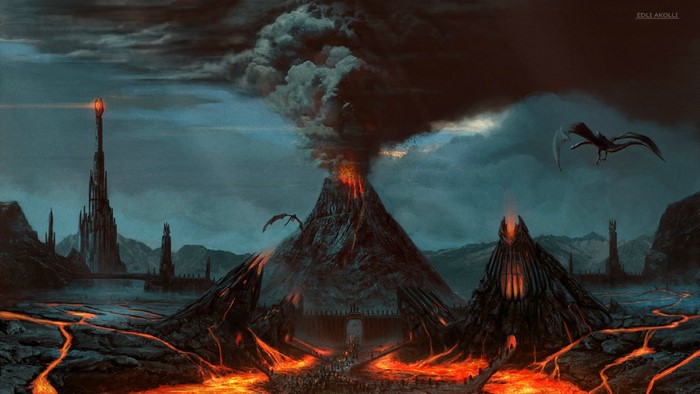 Mordor landscape with volcanoes and towers from Lord of the Rings