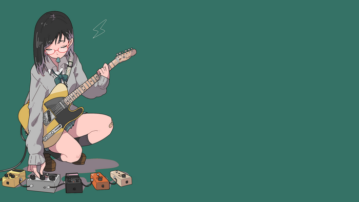 Anime girl with glasses playing electric guitar with pedals
