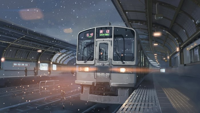 Train at a station in winter, 5 Centimeters Per Second