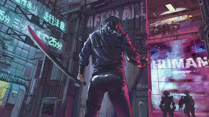 Man with sword in futuristic city