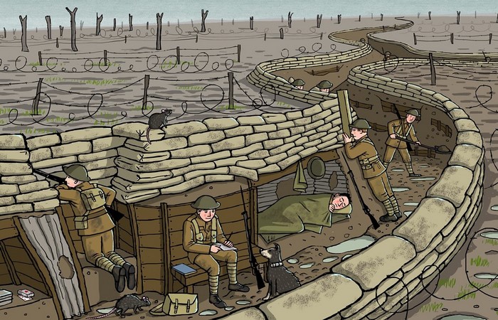 Soldiers in World War I trenches with rats and a dog