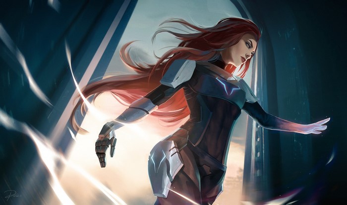 Artwork of a woman with long red hair in futuristic armor