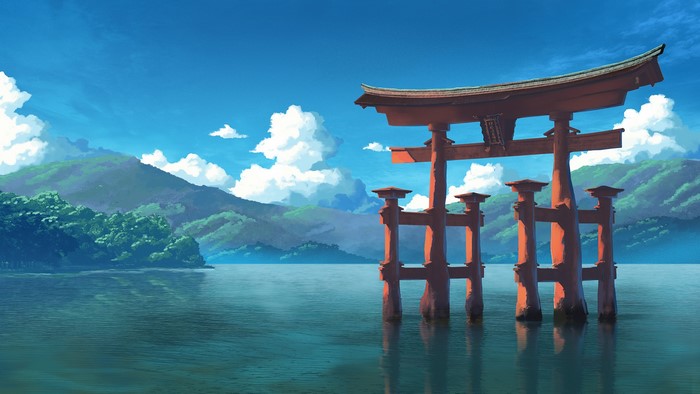 Torii gate in water with mountains and clouds