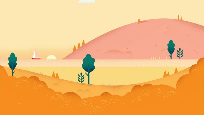 Minimalist landscape with sailboat and hills