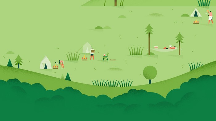 Minimalist camping scene with people and tents