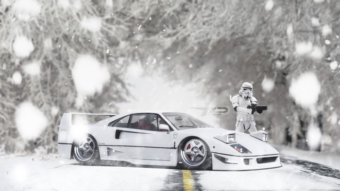White Ferrari F40 with Stormtrooper in Snow