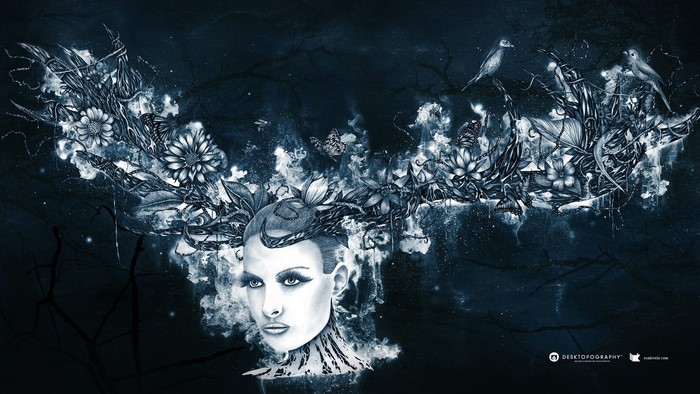 Fantasy art of a woman with floral headdress and birds