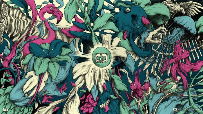 Surreal jungle scene with animals and plants
