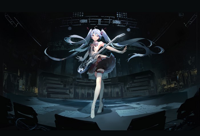 Hatsune Miku from Vocaloid playing guitar on stage