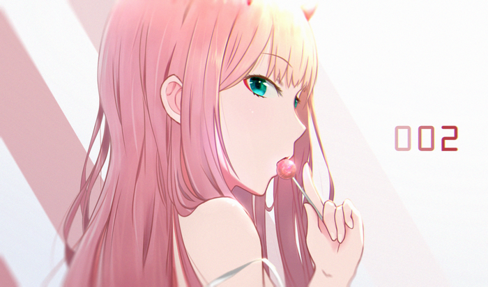 Looking At Viewer Anime Girls Aqua Eyes Horns Pink Hair Fan Art Side View Anime Zero Two