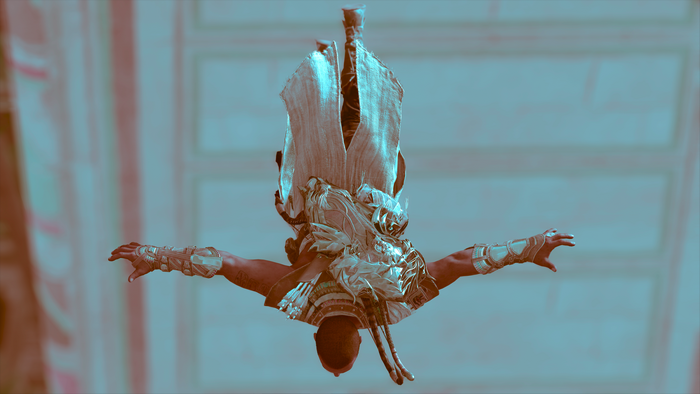 Bayek from Assassin's Creed Origins performing a Leap of Faith