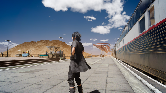 Noctis from Final Fantasy XV at a train station