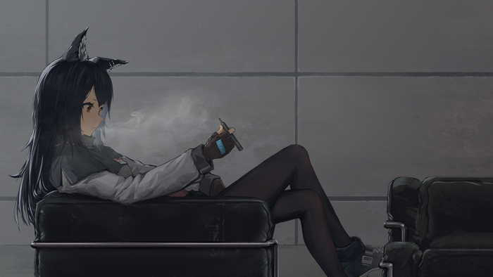 Texas from Arknights vaping on a couch