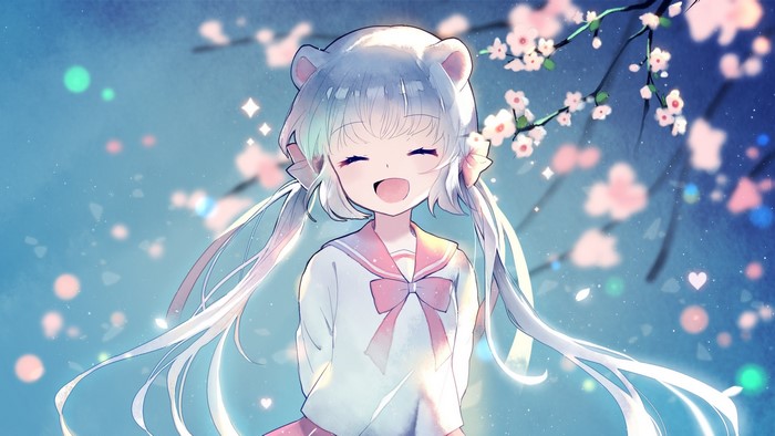 Anime girl with white hair and bear ears smiling