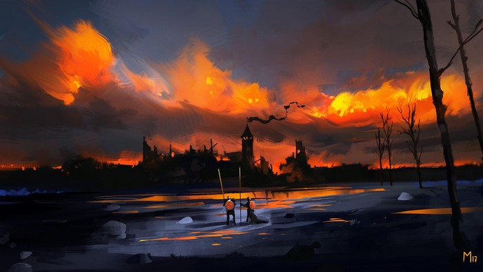 Artwork by Dominik Mayer featuring a burning city and two warriors