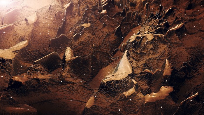 Digital rendering of rocky Martian landscape with dust