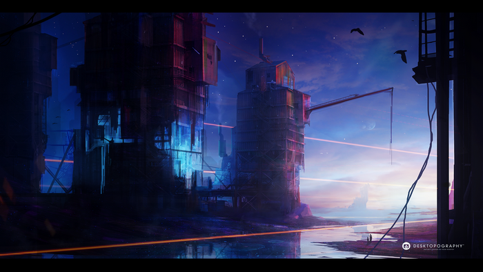 Cyberpunk industrial city at dusk with birds