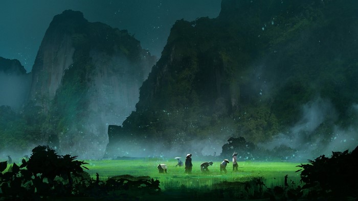 Artwork of farmers in a misty Asian landscape with mountains