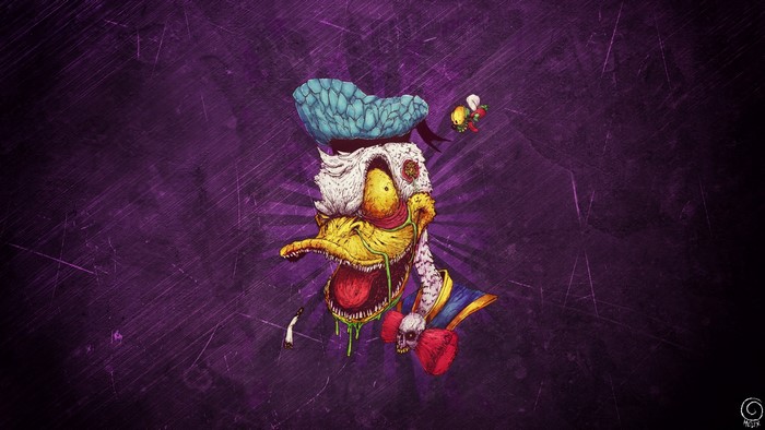 Disturbing artwork of Donald Duck with a purple background