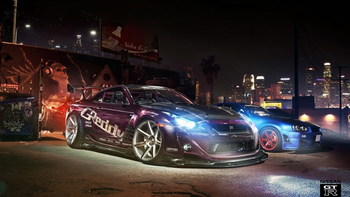 Nissan GT-R and Nissan Skyline GT-R R34 at night